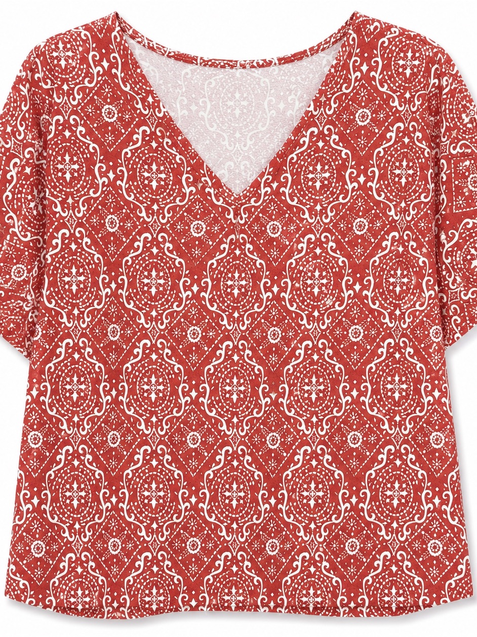 Belle By Kim Gravel Women’s Xl Top Red Geometric Print V-Neck Shirt Boxy Cotton